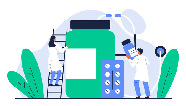 Pharmacist tiny doctors analyzing medicine and pills. Concept of pharmacy, healthcare service. Medication supply. Isolated vector illustration in cartoon style	
