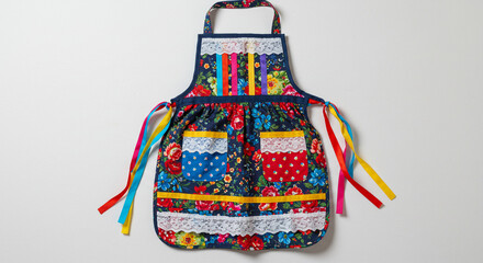 Colorful Festa Junina apron with vibrant floral patchwork, polka dot pockets, lace details, and multicolored ribbons, perfect for traditional festivities and folk dance celebrations