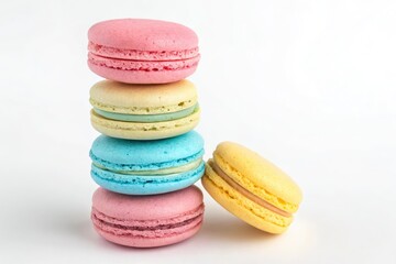 Fototapeta premium Colorful Macarons Stacked on a White Kitchen Countertop Generative AI