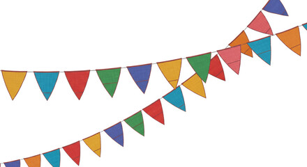 Obraz premium Colorful Festa Junina triangle garlands with alternating red, yellow, blue, green, and orange flags arranged in two hanging rows, creating a lively and traditional festive decoration for celebrations