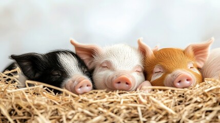   A trio of pigs reclining on a haystack adjacent to one another