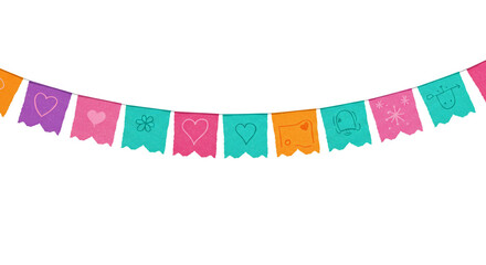 Obraz premium Colorful Festa Junina garland featuring rectangular flags in vibrant shades of purple, pink, teal, and orange, each with festive symbols like hearts and stars, creating a joyful celebration vibe
