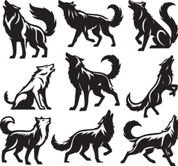 Set of wolf silhouette vector-bold black wild animal illustrations 