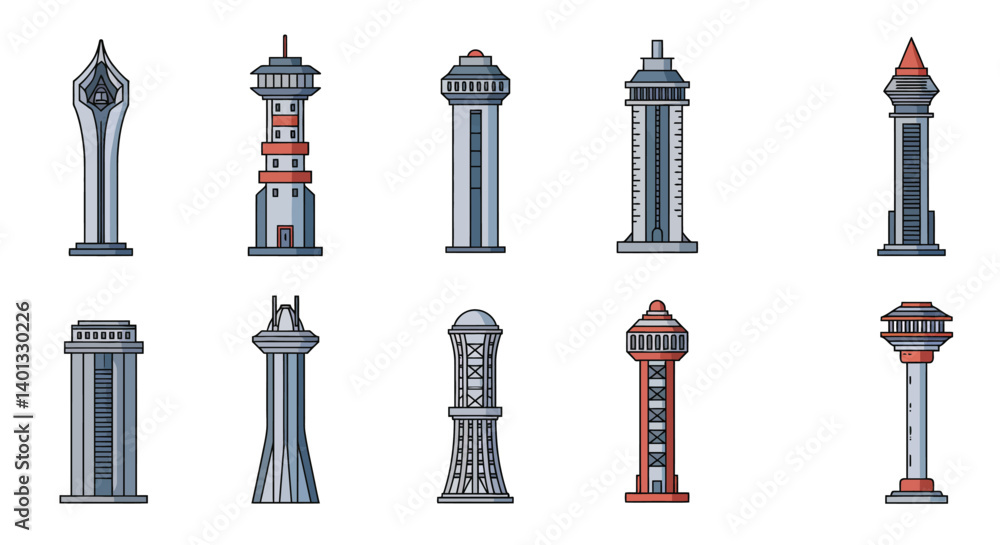 Poster multiple tower designs in flat style showcasing unique shapes and colors in vector art