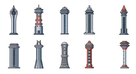 Fototapeta premium Multiple tower designs in flat style showcasing unique shapes and colors in vector art