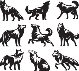 Set of wolf silhouette vector-bold black wild animal illustrations 