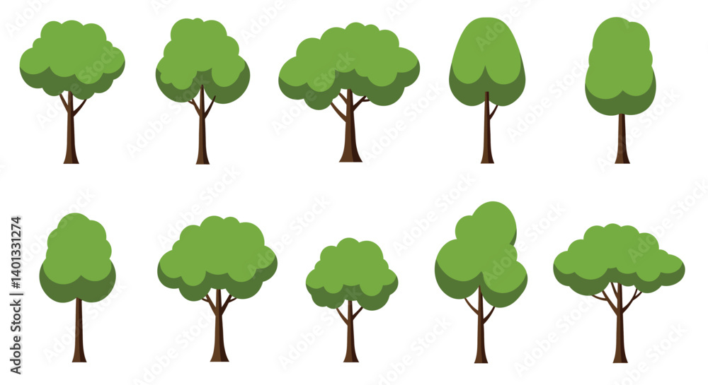 Poster green trees in various shapes and sizes in flat vector art style vector illustration