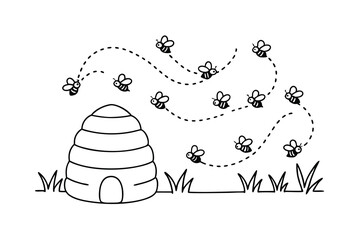 Beehive Illustration With Bees Flying Around On White Background Dotted Lines