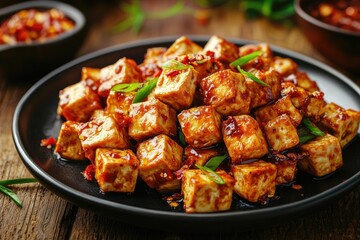 Spicy, savory, and flavorful cubed tofu dish.