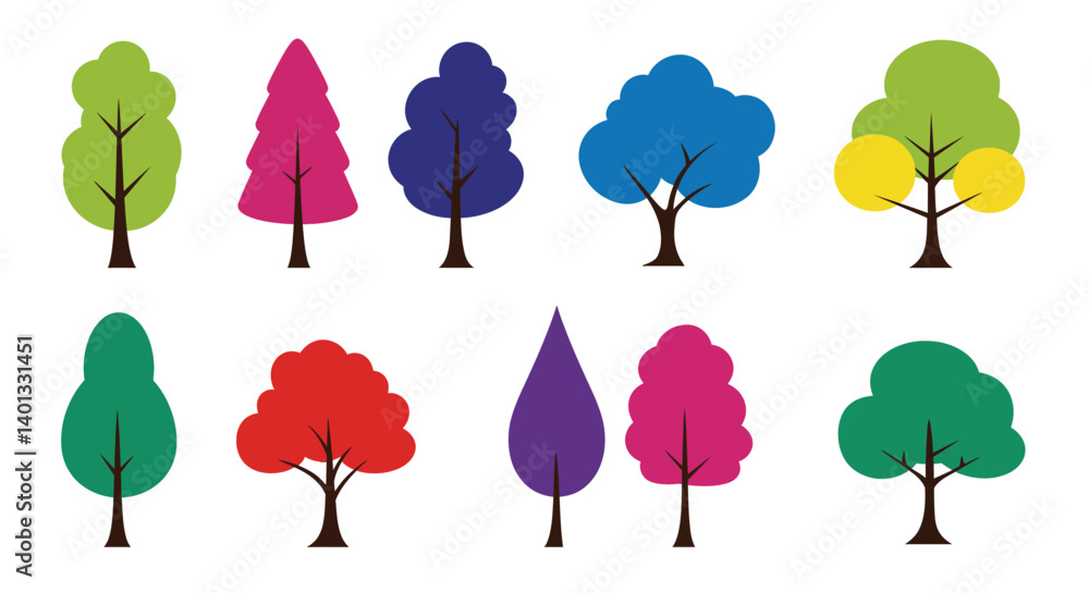 Poster colorful trees in various shapes and sizes in flat vector art