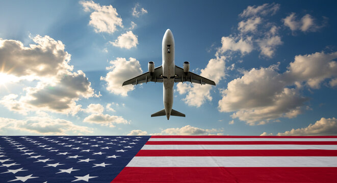 A majestic airplane descends against a vibrant American flag backdrop, bathed in the golden light of a breathtaking sunset, symbolizing homecoming and national pride. - Powered by Adobe
