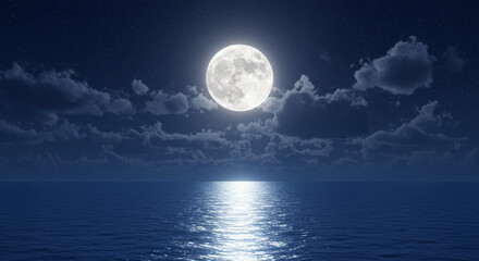 Serene moonlit ocean at night, a tranquil scene under a full moon's gentle glow, dark blue waters reflecting the celestial light.