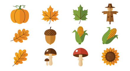 Colorful autumn harvest elements in flat vector illustration style with pumpkins, leaves, and corn vector art