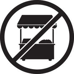 A simple black and white vector icon showing a market stall with a prohibition sign over it. This image is suitable for use in indicating restrictions or regulations regarding market stalls.