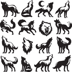 Set of wolf silhouette vector-bold black wild animal illustrations 