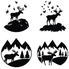 Black And White Deer And Moose Silhouette Vector Set Isolated On White