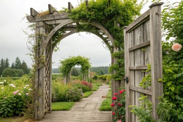 Obraz premium Walking Through a Wooden Archway in a Blooming Garden Generative AI