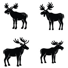 Black And White Moose Illustrations Set Of Four Moose Silhouettes Standing Position