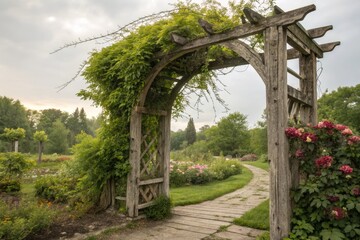 Fototapeta premium Wooden Archway Leads to a Blooming Garden Path in Spring Generative AI