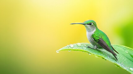 Fototapeta premium A hummingbird perches on a green leaf, droplets glistening on its wings against a yellow background
