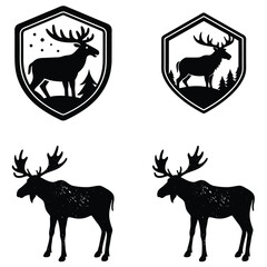 Moose Silhouette Illustration In Various Shapes Isolated On White Background Vector Set