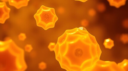 Abstract close-up of numerous glowing orange particles with a star-like or multifaceted shape, suspended in a warm, blurred orange environment, suggesting a microscopic or energetic phenomenon