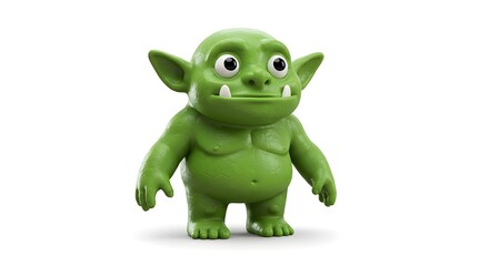 Fototapeta premium A charming, chubby green goblin with oversized ears and a playful grin, rendered in a smooth, three-dimensional style against a stark white background.