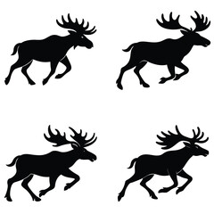 Running Moose Silhouettes In Black And White Vector Illustration Animals Wildlife Antlers