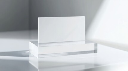 A modern, frosted glass name tag mockup rests on a transparent acrylic base, offering a clean and simple canvas for your message or design elements to shine.