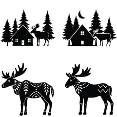 Stylized Moose Silhouette Collection Cabin In Woods Vector Illustration Set