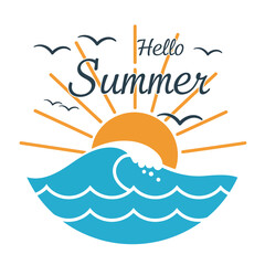 Obraz premium Vibrant summer design featuring sun, waves, and birds in a cheerful composition