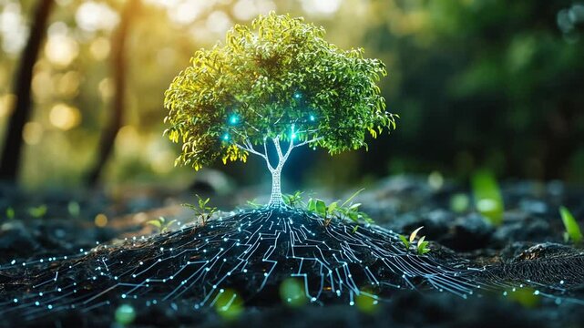 Digital tree connecting to the network, future technology and nature concept in forest - Powered by Adobe