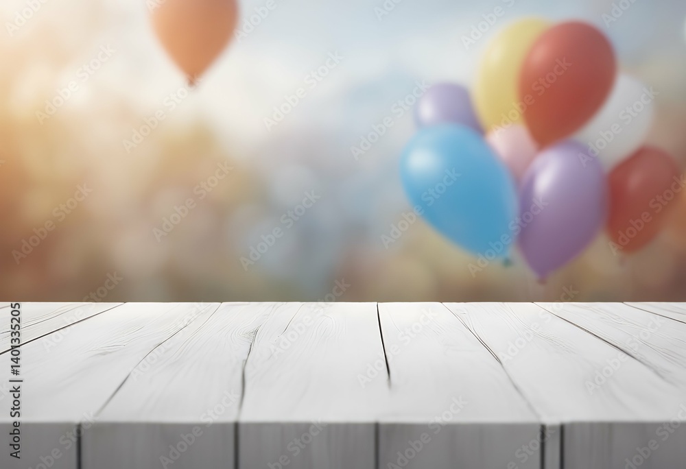 Poster white mock be design blur perspective top over table wooden used display layout can balloon empty pr
