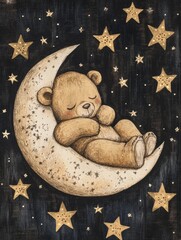 Sleepy bear resting on a moon-shaped pillow surrounded by stars in a serene night sky