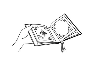 Hand Holding Open Book With Decorative Cover Line Art Illustration