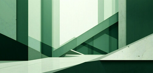 Obraz premium Geometric abstract, minimalist design, green tones, gradient shades, angular shapes, paper texture, subtle shadows, clean lines