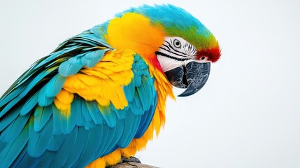 Obraz premium A vibrant parrot perched atop a tree limb, adorned with a blue, yellow, and green headdress