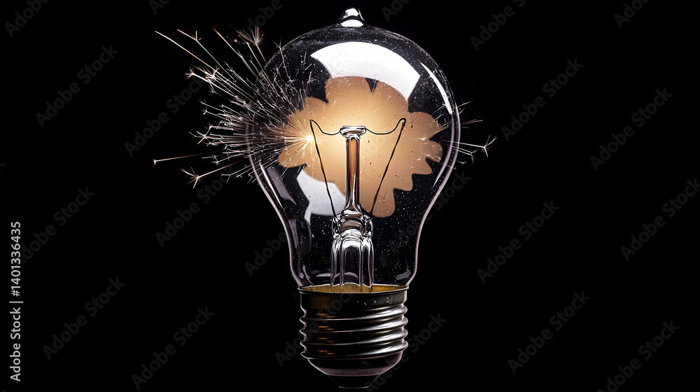 Poster glowing lightbulb with spark explosion