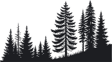 Obraz premium Pine Tree Forest Silhouette – Black and White Evergreen Tree line Vector Illustration