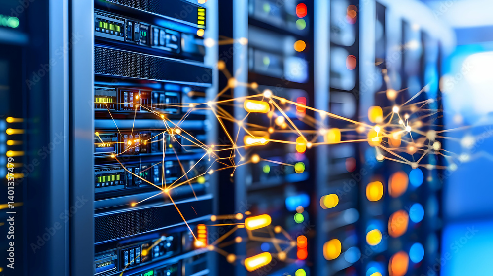 Aufkleber modern data center server rack with glowing network connections