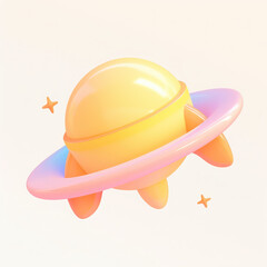 A colorful, stylized planet with rings, featuring a shiny surface and playful design, set against a soft background.