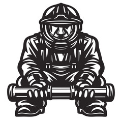 Firefighter crouched, holding a hose in an action stance Silhouette Vector