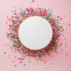 Colorful confetti surrounding white circle on pink background for festive celebration