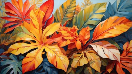 A vibrant composition of tropical leaves in shades of yellow, orange, and red, set against a soft, blurred blue background
