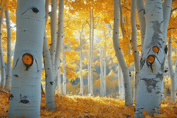 A grove of aspen trees in vibrant autumn colors with golden leaves shimmering in the sunlight, casting long shadows on the forest floor.