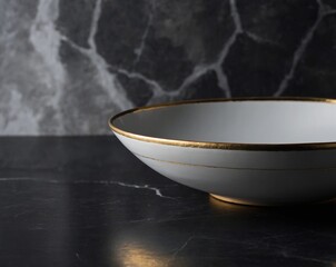 Minimalist matte white ceramic plate with thin gold rim, placed on dark marble background with subtle reflections