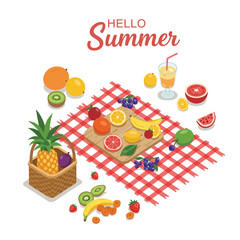 Colorful summer picnic with fruits and refreshing drinks on a checkered tablecloth