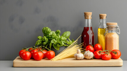 Assorted Italian Food Items On Wooden Cutting Board