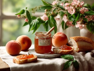 Delicious peach jam spread on artisanal bread with fresh peaches and flowers in a rustic kitchen setting