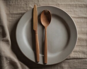 Clean matte ceramic plate in soft beige with embossed rim texture, placed on natural linen cloth with wooden cutlery